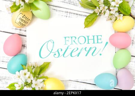 Easter greetings card mokup eggs and spring flowers decoration Stock Photo