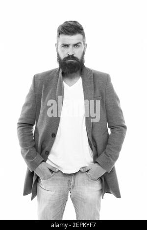Casual outfit. Menswear and fashion concept. Man bearded hipster stylish  fashionable jacket. Casual jacket perfect for any occasion. Simple and  casual. Feeling comfortable in natural fabric clothes Stock Photo - Alamy