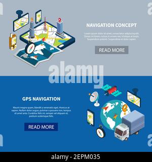 Navigation horizontal banners set with gps navigation symbols isometric isolated vector illustration Stock Vector