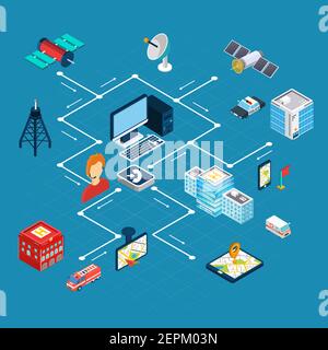 Navigation flowchart with search symbols on blue background isometric vector illustration Stock Vector