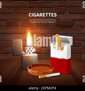 Tobacco realistic poster with pack of cigarettes ashtray and lighter on dark background vector illustration Stock Vector