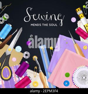 Realistic colorful sewing tools for handiwork on black background with awl pins scissors needle vector illustration Stock Vector
