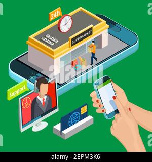 Online shopping design concept with credit card and smartphone used for buying on internet isometric icons vector illustration Stock Vector