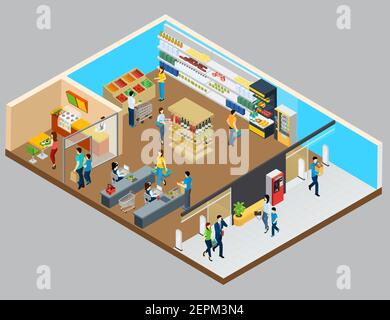 Grocery store isometric design concept with shelves filled by products cafe room buyers and cashiers vector illustration Stock Vector