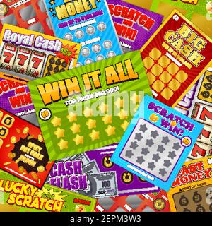 Lottery colorful background design with lucky scratch big cash win fast money games cards composition vector illustration Stock Vector