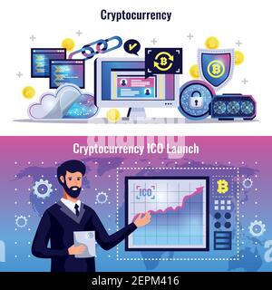 Cryptocurrency horizontal banners with blockchain technology icons and man demonstrating graph of ICO launch flat vector illustration Stock Vector