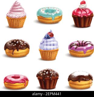 Cookies biscuits cupcakes donuts realistic 3d collection with isolated icons of colourful confectionery products with shadows vector illustration Stock Vector