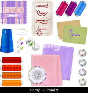Sewing accessories realistic icons set of textile pieces spools pins seam samples isolated vector illustration Stock Vector