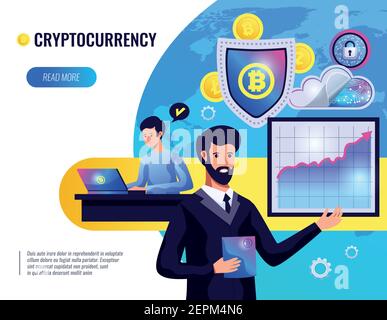 Cryptocurrency vector illustration of people involved in cryptocurrency mining and finance market analysis flat vector illustration Stock Vector