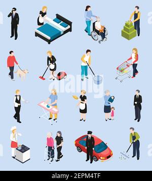 Home staff isometric icons set of personal driver gardner chef assistant to care for disabled and elderly isolated characters vector illustration Stock Vector
