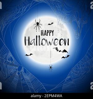 Happy halloween beautiful black blue background poster with flying bats and spiders hanging from cobwebs vector illustration Stock Vector