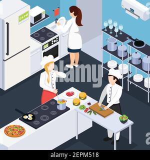 Home staff isometric composition with people in kitchen interior cooking dinner and washing  dishes vector illustration Stock Vector