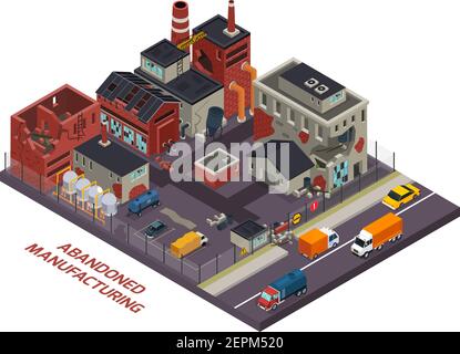 Abandoned manufacturing isometric  composition of old industrial buildings with destroyed walls and roofs vector illustration Stock Vector