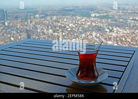 Turkish tea with a spectacular view. Looking over the whole city from the Istanbul Sapphire. Stock Photo