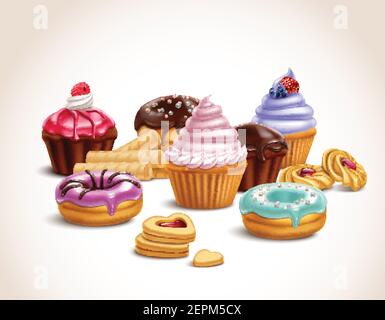 Cookies biscuits cupcakes donuts realistic 3d composition with set of high quality confectionery products with shadows vector illustration Stock Vector