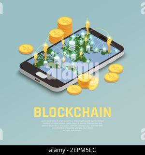 Blockchain cryptocurrency isometric composition concept with world map on smartphone screen with golden keys and coins vector illustration Stock Vector