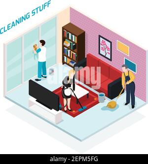 Home staff isometric design concept with professional team from cleaning company doing their job in living room vector illustration Stock Vector