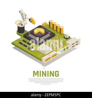 Blockchain cryptocurrency isometric composition concept with graphics processor unit board and robotic manipulator loading golden coins vector illustr Stock Vector