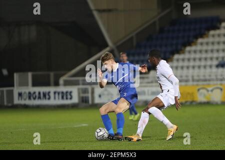 HARTLEPOOL, ENGLAND. FEB 27TH Lewis Cass of Hartlepool United in action with Barnet's Alexander McQueen during the Vanarama National League match between Hartlepool United and Barnet at Victoria Park, Hartlepool on Saturday 27th February 2021. (Credit: Mark Fletcher | MI News) Credit: MI News & Sport /Alamy Live News Stock Photo