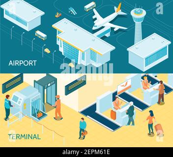 Isometric airport horizontal banners with security gates control and ...
