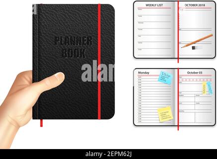 Planner book design concept with organizer in open and closed form with weekly and monthly list and stickers realistic vector illustration Stock Vector