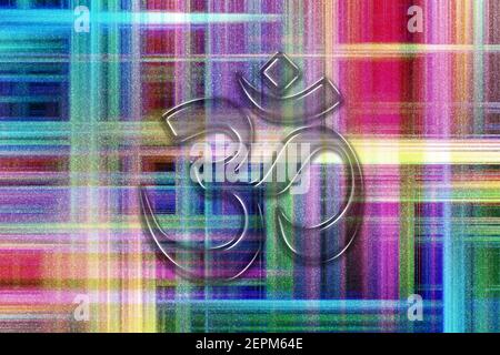 Om, Aum symbol, Ultimate reality, colorful checkered background Stock Photo