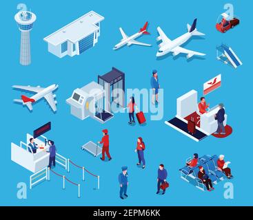 Airport isometric icons set of reception and passport check desk waiting hall control tower ladder isolated vector illustration Stock Vector