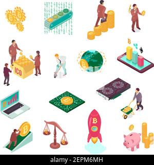 Cryptocurrency isometric icons set of hardware mining block chains ico rocket images vector illustration Stock Vector