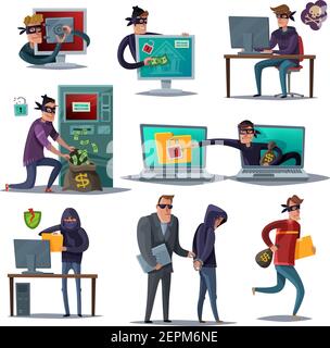 Colored and isolated internet hacker security composition set with different situations of this crime vector illustration Stock Vector