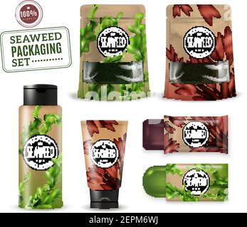 Set of realistic sea weed cosmetic packaging for shampoo, soap, cream, powders, isolated vector illustration Stock Vector
