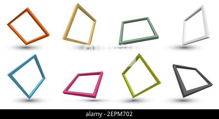 Set of 3D distort perspective square frame border with shadow isolated on white background. Vector illustration Stock Vector