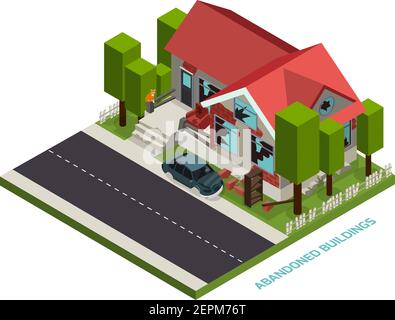 Abandoned buildings isometric design concept representing private plot of land with desolate cottage with broken windows vector illustration Stock Vector