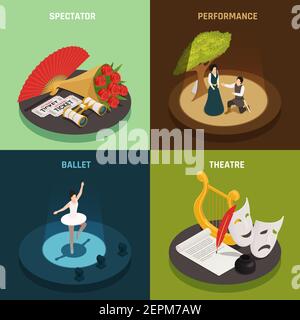 Theatre isometric icons 2x2 design concept with simple compositions of theatrical equipment and actors with text vector illustration Stock Vector