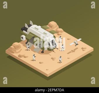 Space ship isometric composition with isometric images of astronauts and drones on planetary surface with shadows vector illustration Stock Vector