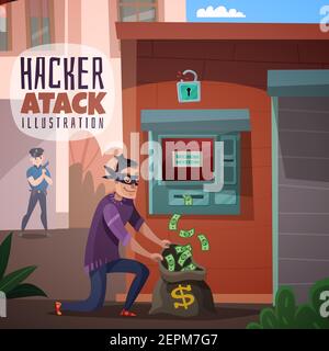 Person in mask during bank hacking and stealing money, police officer in background, cartoon vector illustration Stock Vector