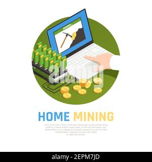 Blockchain cryptocurrency isometric composition with editable text and images of mining farm laptop computer and coins vector illustration Stock Vector