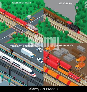 Passenger and freight trains, modern and retro transport, rail road infrastructure, isometric design concept isolated vector illustration Stock Vector