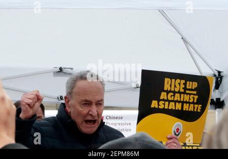 New York, NY, USA. 27th Feb, 2021. New York Senator Chuck Schumer delivers remarks and attends the American Asian Federation's Anti-Asian Hate Rally held at Foley Square/Federal Plaza in the lower Manhattan section of New York City on February 27, 2021. Credit: Mpi43/Media Punch/Alamy Live News Stock Photo