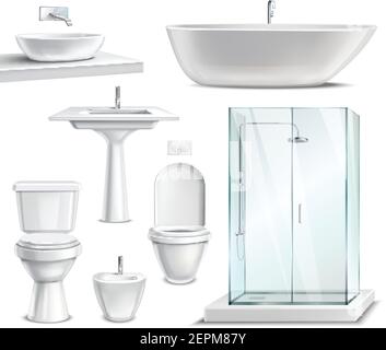 Bathroom objects set realistic 3d collection of isolated lavatory bathing room elements and sanitary fixture images vector illustration Stock Vector