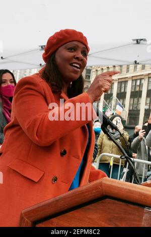 New York, NY, USA. 27th Feb, 2021. New YorkState Attorney General Leticia James delivers remarks and attends the American Asian Federation's Anti-Asian Hate Rally held at Foley Square/Federal Plaza in the lower Manhattan section of New York City on February 27, 2021. Credit: Mpi43/Media Punch/Alamy Live News Stock Photo