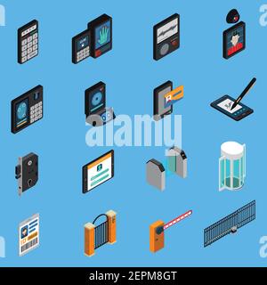 Access identification isometric icons, id card, biometric authentication, electronic signature, combination lock, blue background isolated vector illu Stock Vector