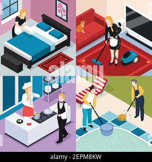 Home staff 2x2 design concept set of people engaged in cleaning washing cooking and routine work isometric vector illustration Stock Vector