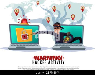 Hacker activity, cracker during attack on computer security system on world map background, horizontal cartoon vector illustration Stock Vector