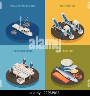 Fish industry seafood production isometric 2x2 design concept with fishing vessels plant facilities and food with text vector illustration Stock Vector