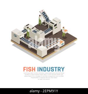 Fish industry seafood production isometric composition with automatic industrial conveyors for marine food with editable text vector illustration Stock Vector