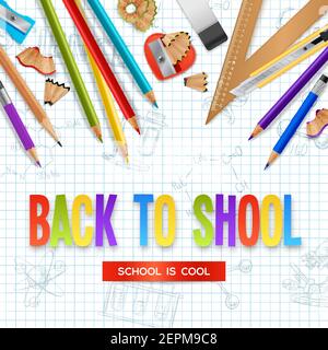 Back to school design concept with wooden sharpened pencils and stationery scattered on checkered sheet of notebook realistic vector illustration Stock Vector