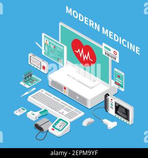 Medical gadgets including pocket cardiograph, handheld ultrasound scanner, glucometer, thermometer, isometric composition on blue background vector il Stock Vector