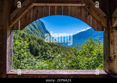 Landscape view from Savica waterfall to Bohnij valley and Bohnij lake visible in distance, Slovenia, wooden booth view Stock Photo