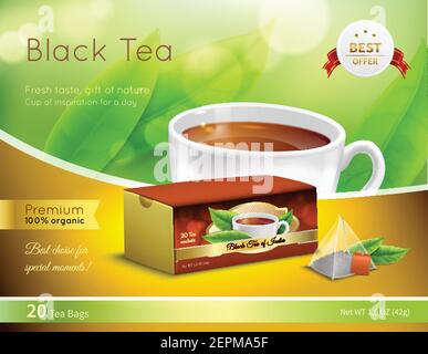 Black tea advertising realistic composition on green blurred background with cardboard box, cup of drink, vector illustration Stock Vector