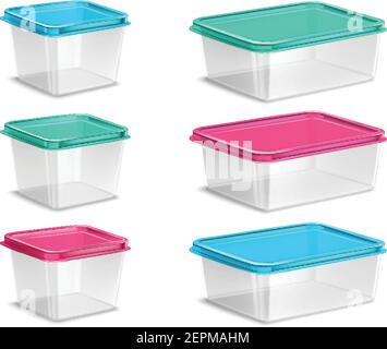 Set of plastic food containers of various volume with colored lids and transparent bowls isolated vector illustration Stock Vector